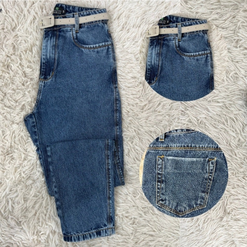✨ Calça Jeans Mom com Cinto – 100% Algodão Premium