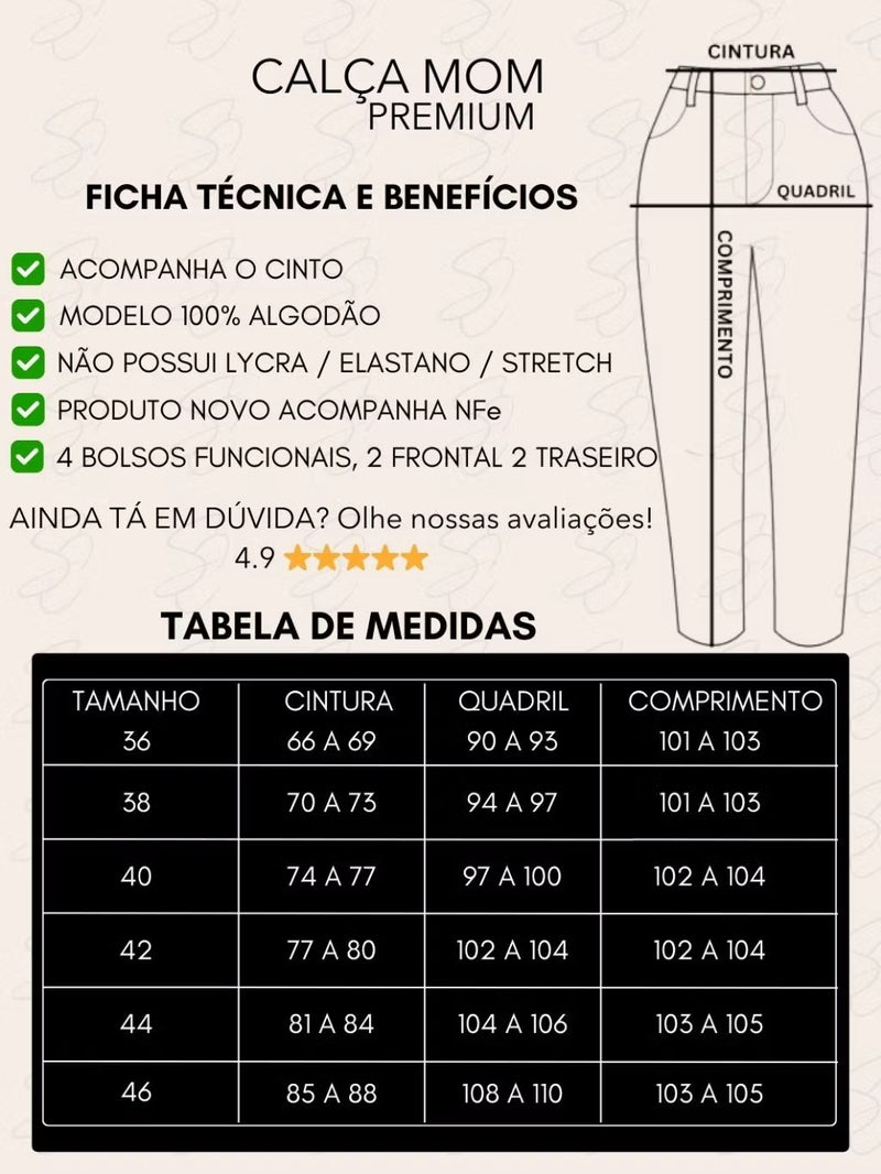 ✨ Calça Jeans Mom com Cinto – 100% Algodão Premium