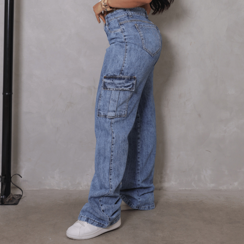 👖Calça Jeans Wide Leg Cargo Feminina