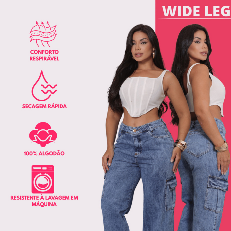👖Calça Jeans Wide Leg Cargo Feminina