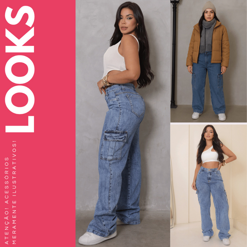 👖Calça Jeans Wide Leg Cargo Feminina