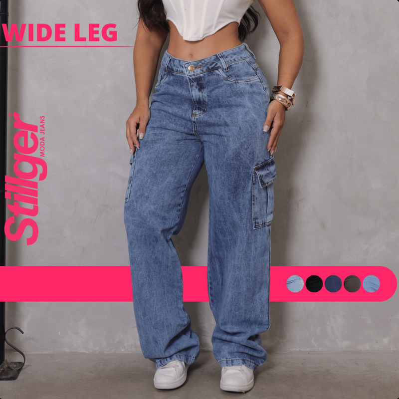 👖Calça Jeans Wide Leg Cargo Feminina