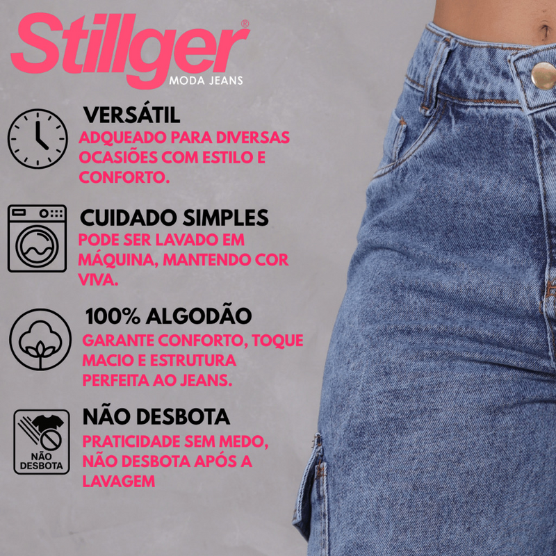 👖Calça Jeans Wide Leg Cargo Feminina